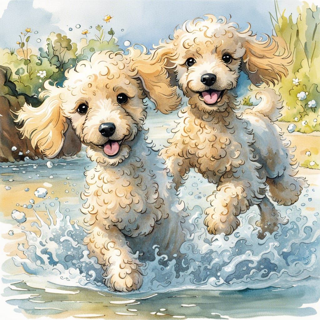 Cute Poodle Puppies Playing in Water