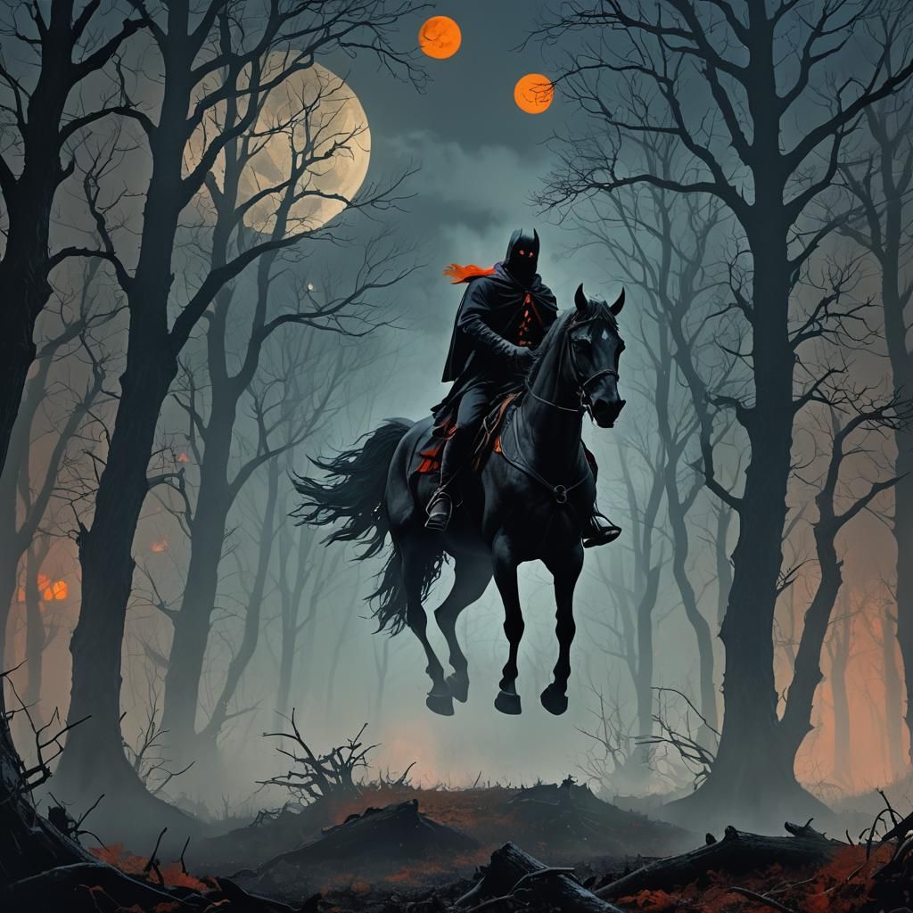 Headless Horseman Rides Through Eerie Forest