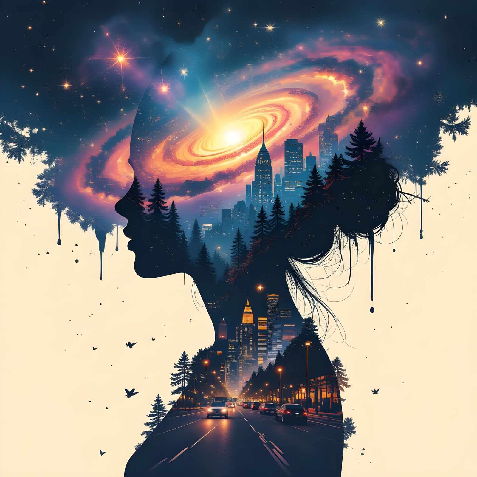 Galaxy Dripping into Cityscape with Princess Silhouette