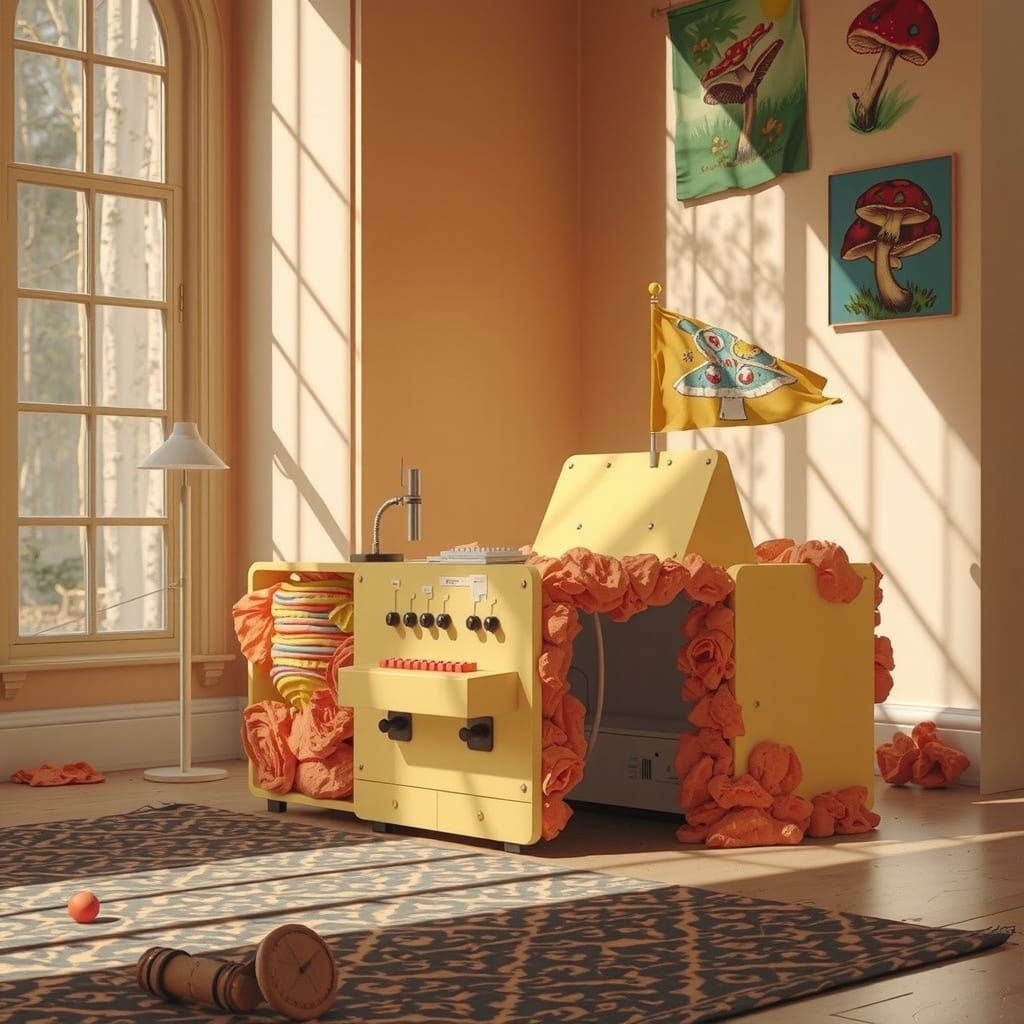 Hyperreal Chewing Gum Bungalow in Forest with Mushroom Flags