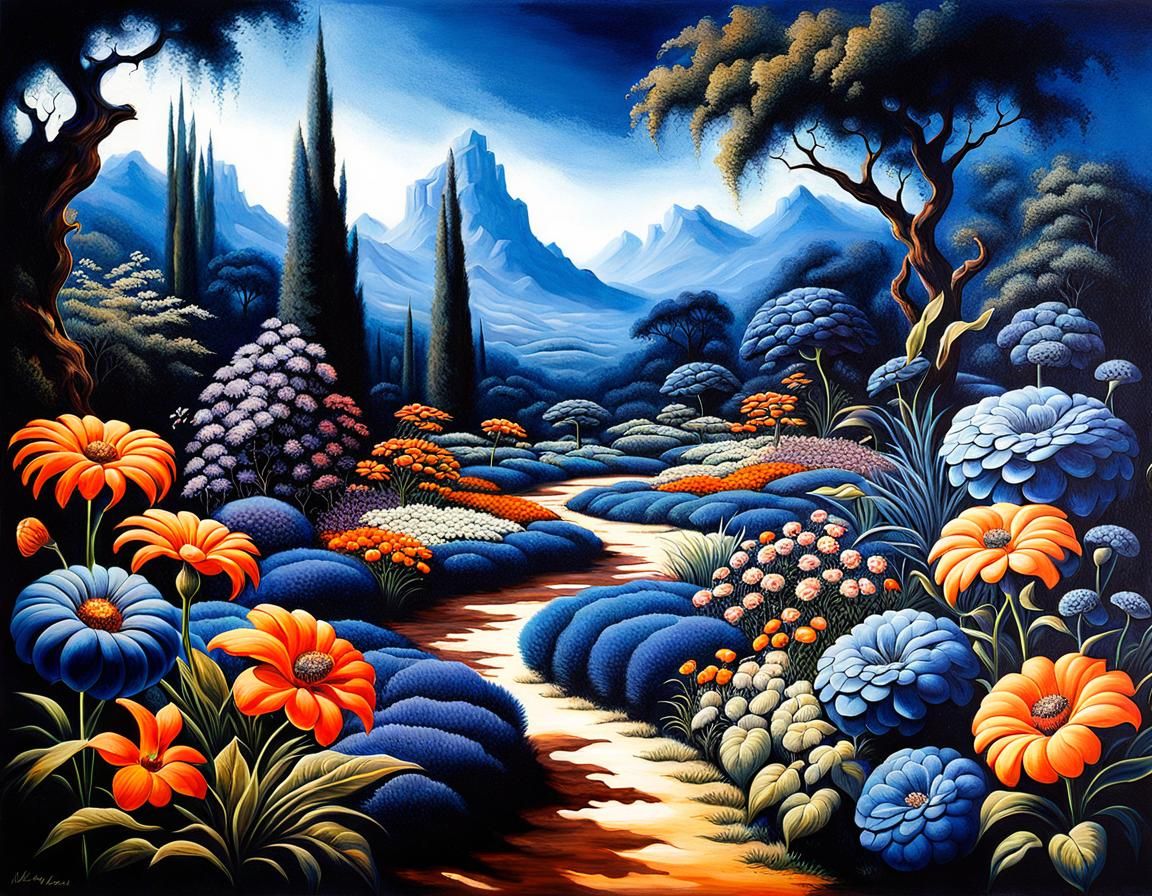 Lush Indigo Flower Garden in Fantasy Style