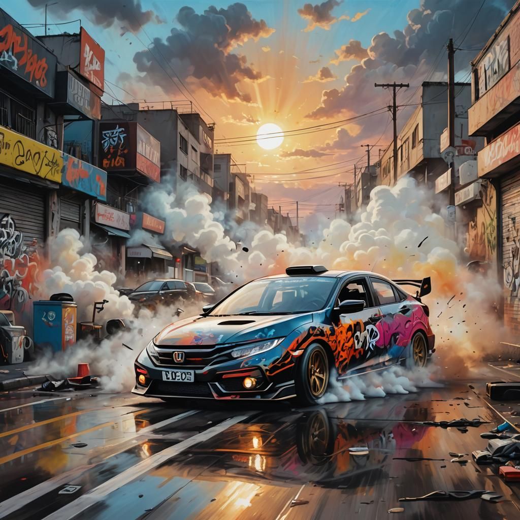 Honda Civic Drifting: Graffiti Street Art Sunset Chase