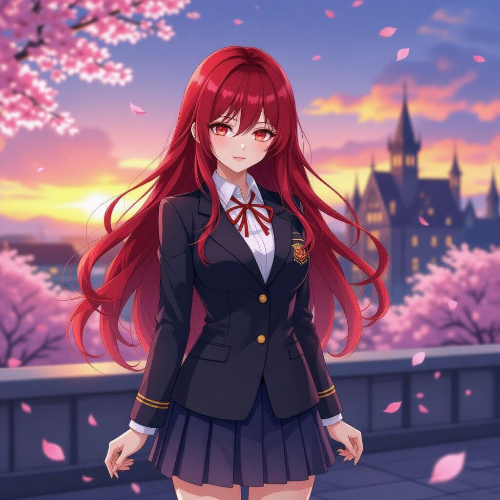 Crimson Haired Anime Girl at Sunset on Rooftop