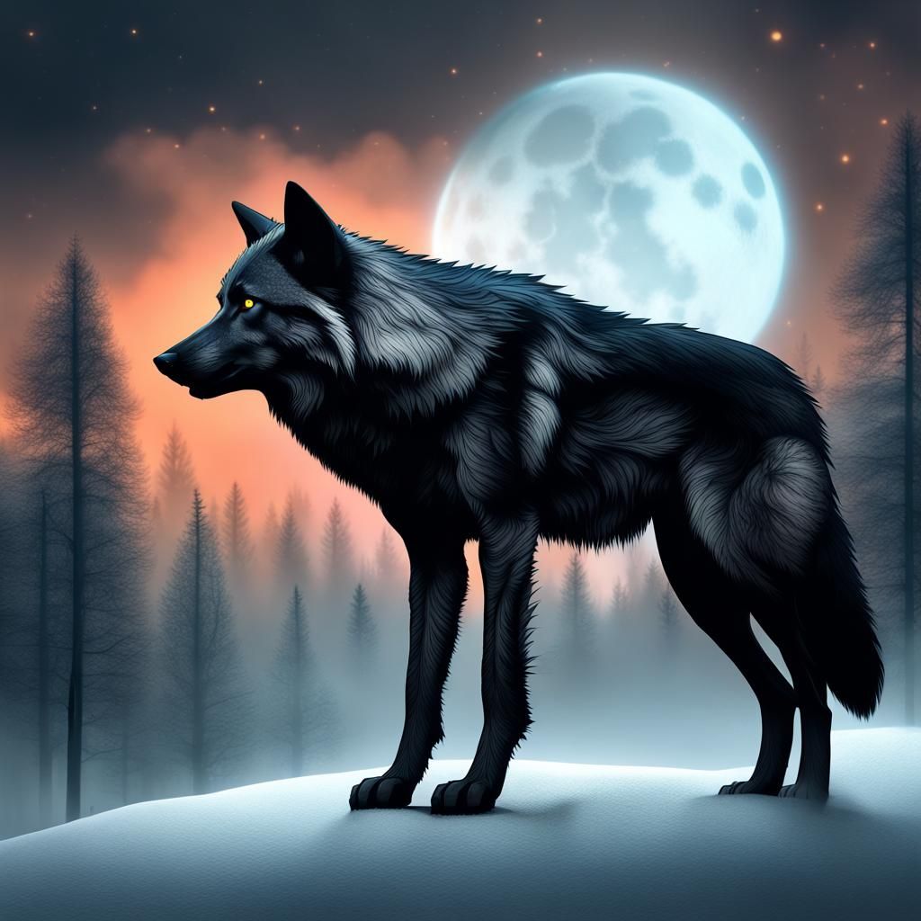 Black Wolf Howling in Winter Forest