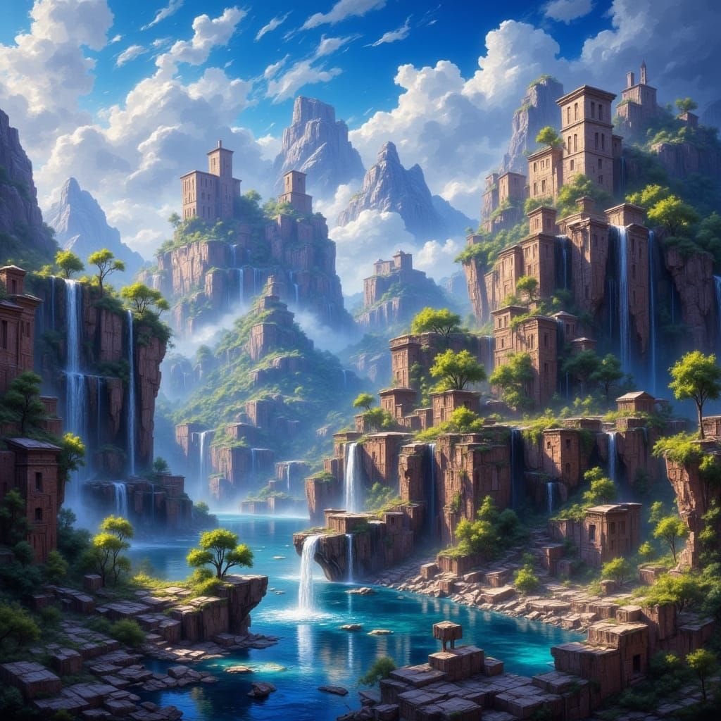 Vivid Waterfall Landscape with Thick Brushstrokes