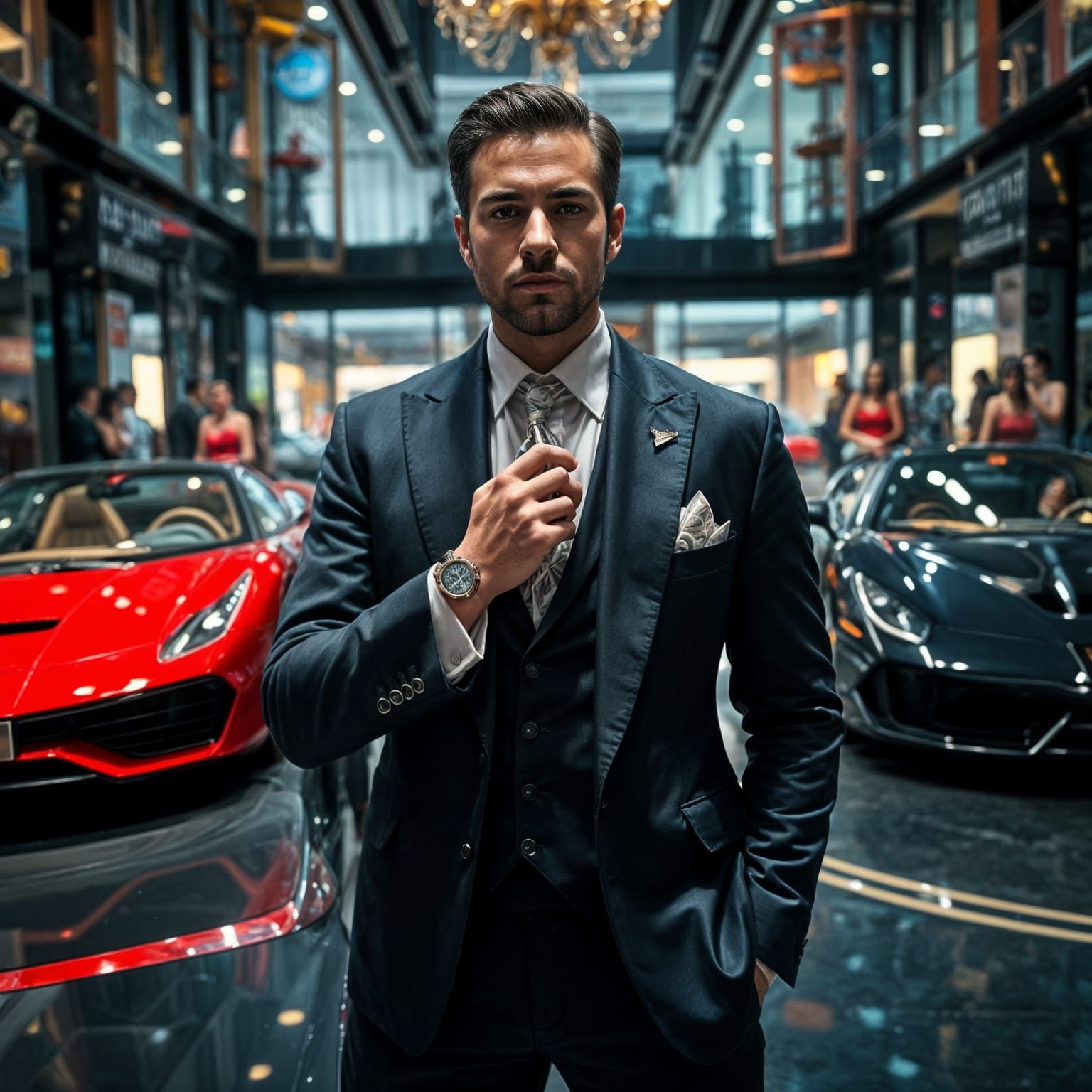 Hyperrealistic Millionaire Surrounded by Luxury and Women