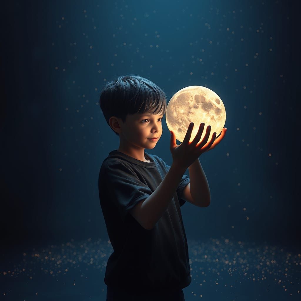 Young Boy Holds a Moon in a Dark Room with Micro Stars