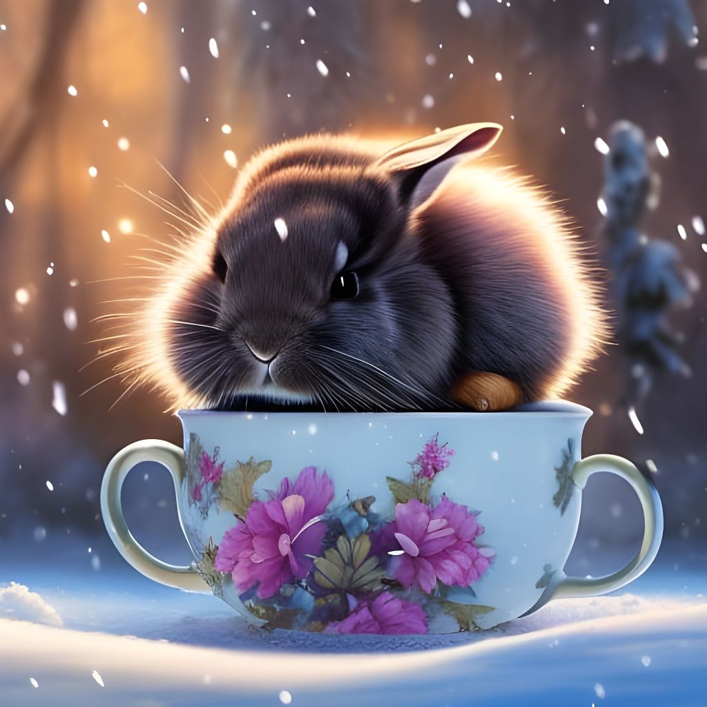 Rabbit Sipping Tea in Winter Garden