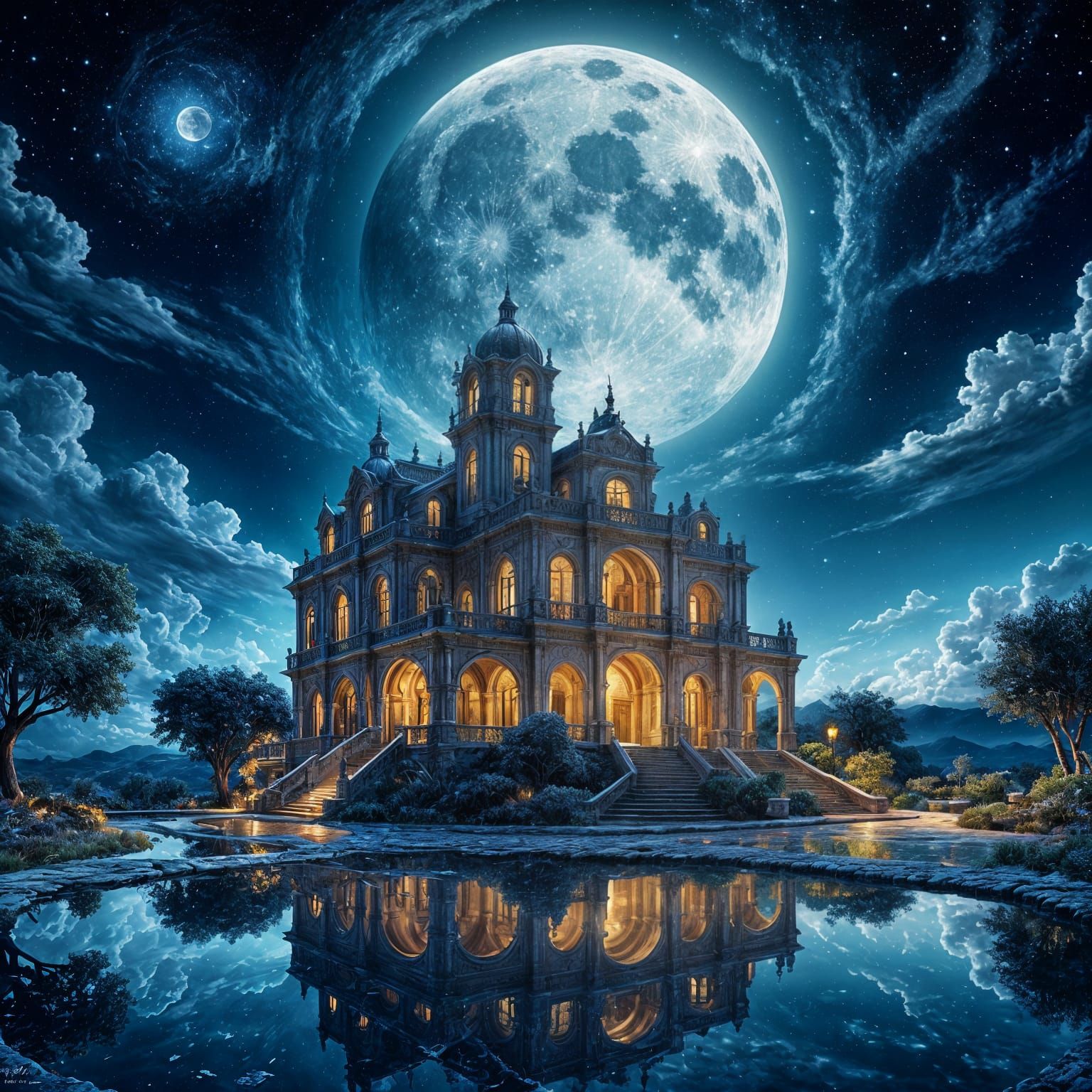 Surreal Night Landscape with Full Moon and Cosmic Reflection...