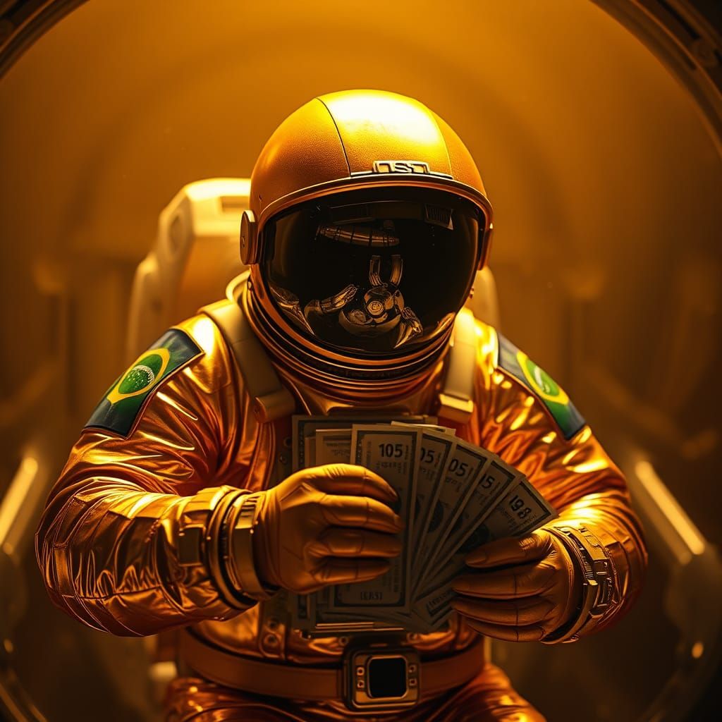 Brazilian Astronaut Counts Money in Space, Hyperrealistic St...
