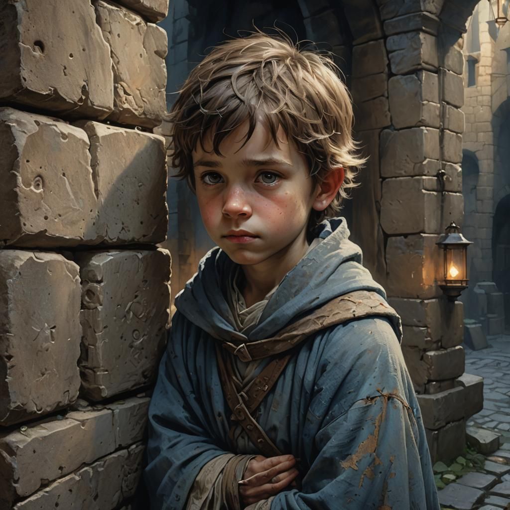 Medieval Waif Toddler in Misty Alleyway, Mystical Realism