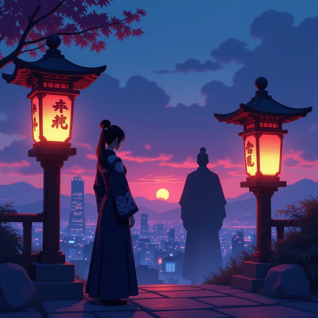 Futuristic Warrior Meets Figure by Shrine at Twilight