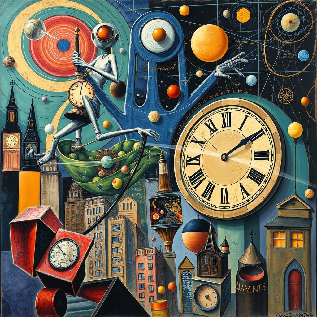 Ethereal Cubist Cityscape with Alien Marble Player