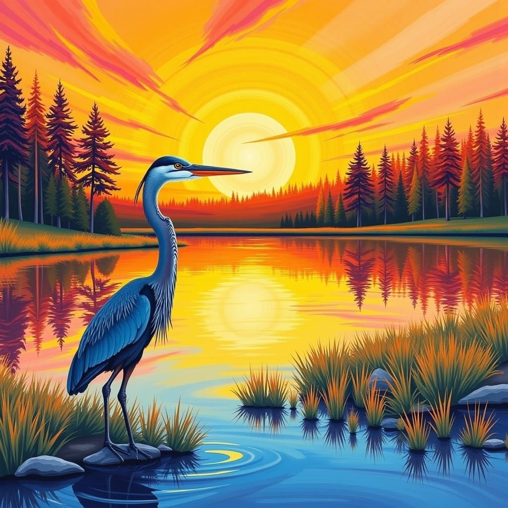 Blue Heron Fishing at Sunset: Watercolor Painting