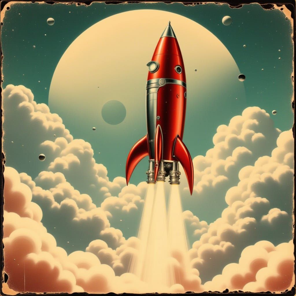 Retro Rocket Launch in 1950s Pulp Style