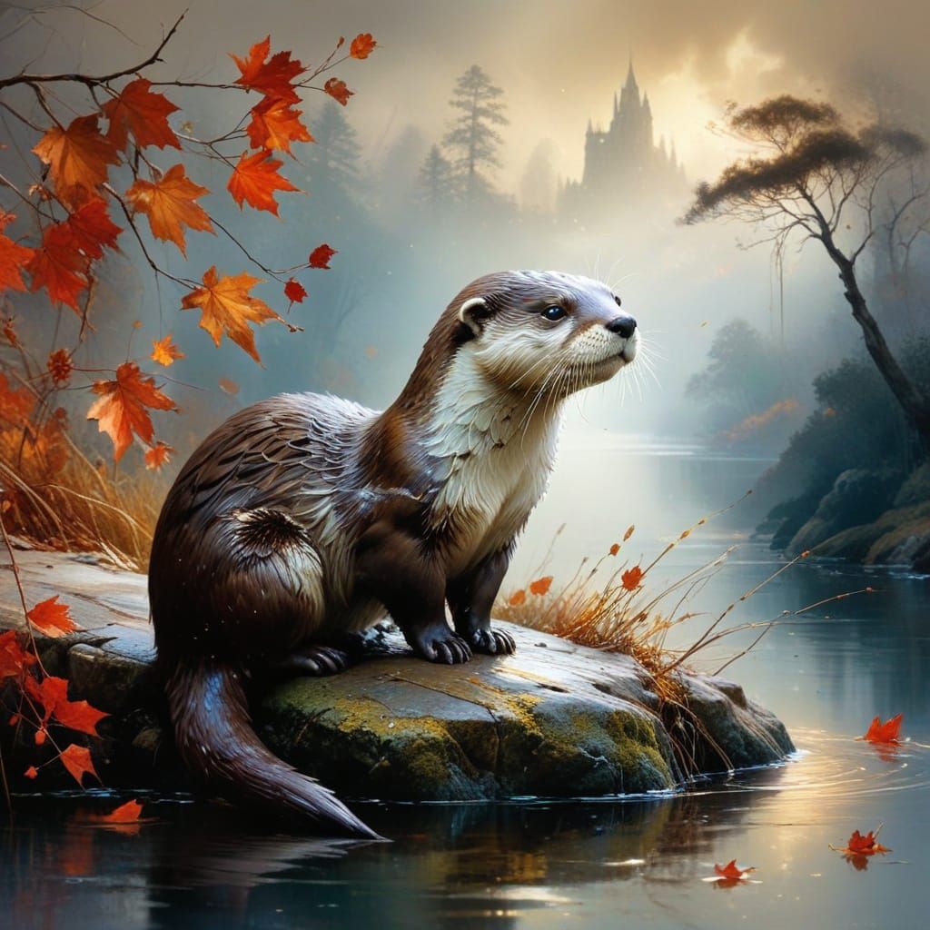 Whimsical Autumn Otter in Oil Paintings Style
