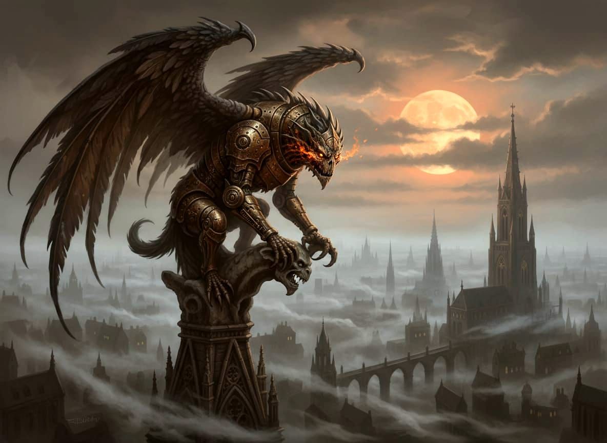 Gothic Monster on Cathedral Spire in Ethereal Fog
