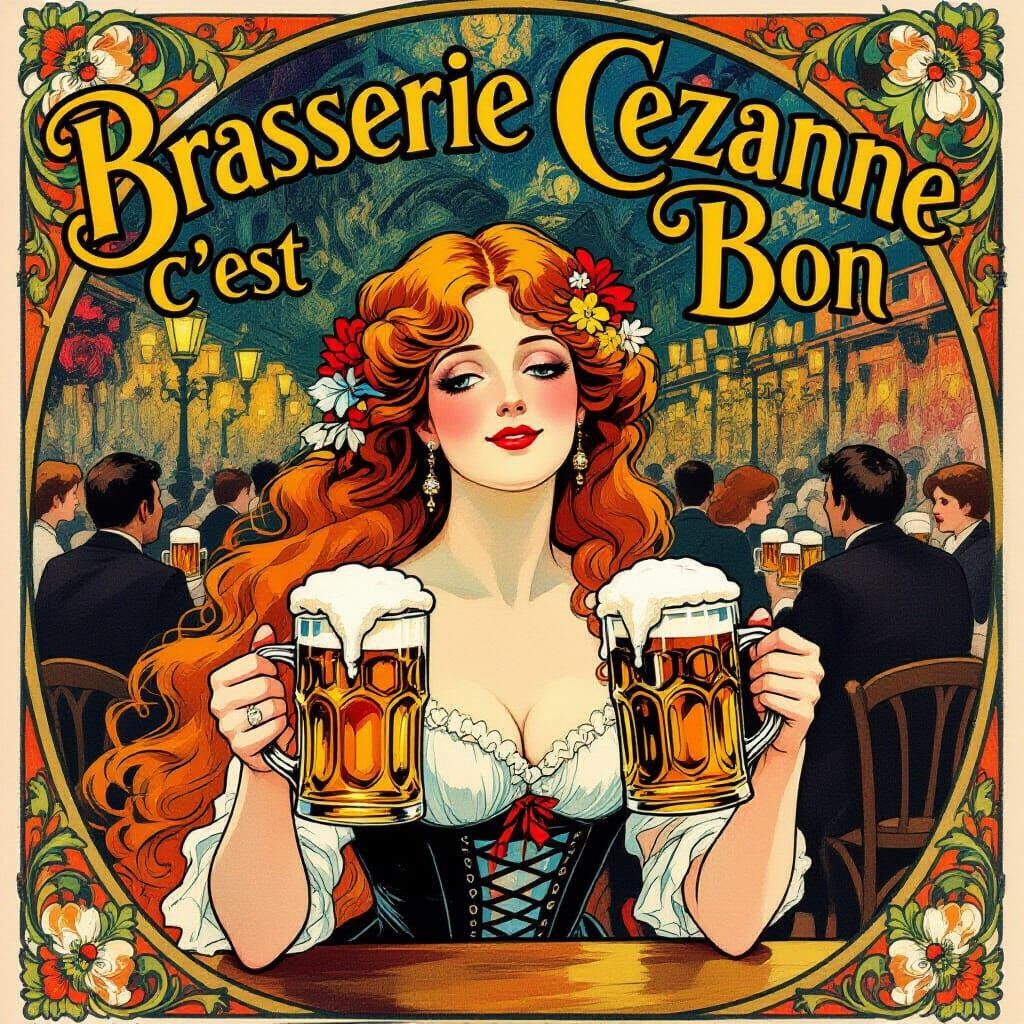 Art Nouveau Beer Hall Scene in Toulouse-Lautrec Style