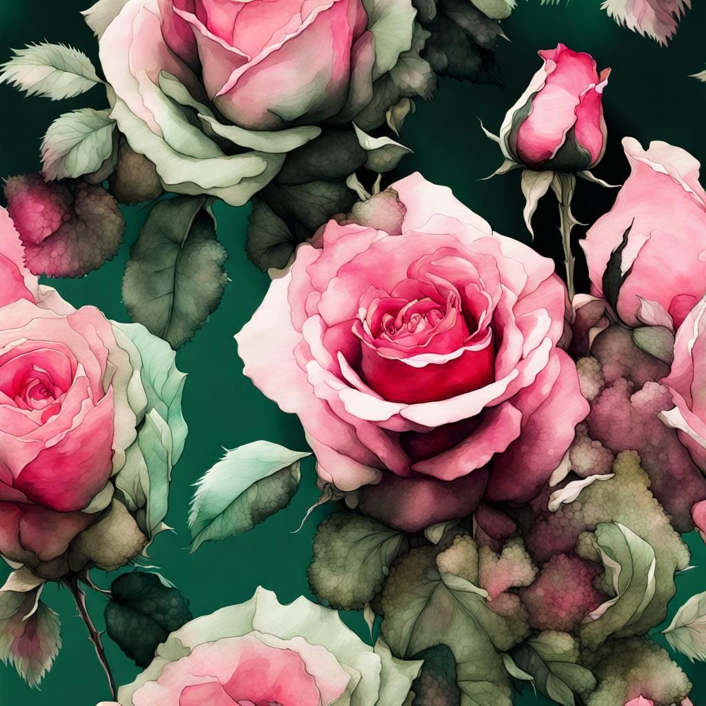 Pink Roses in Bush: Watercolor Chiaroscuro Illustration