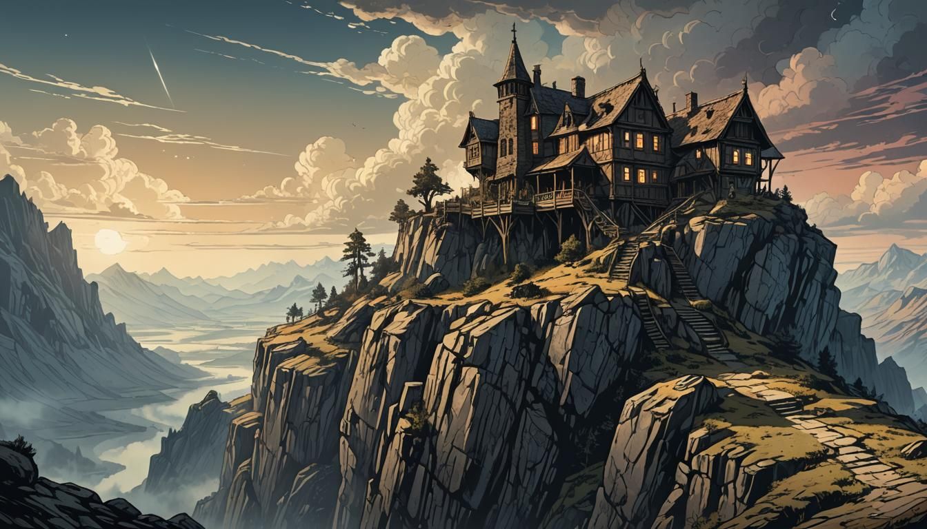 Eerie Cliffside House in Retro D&D Style
