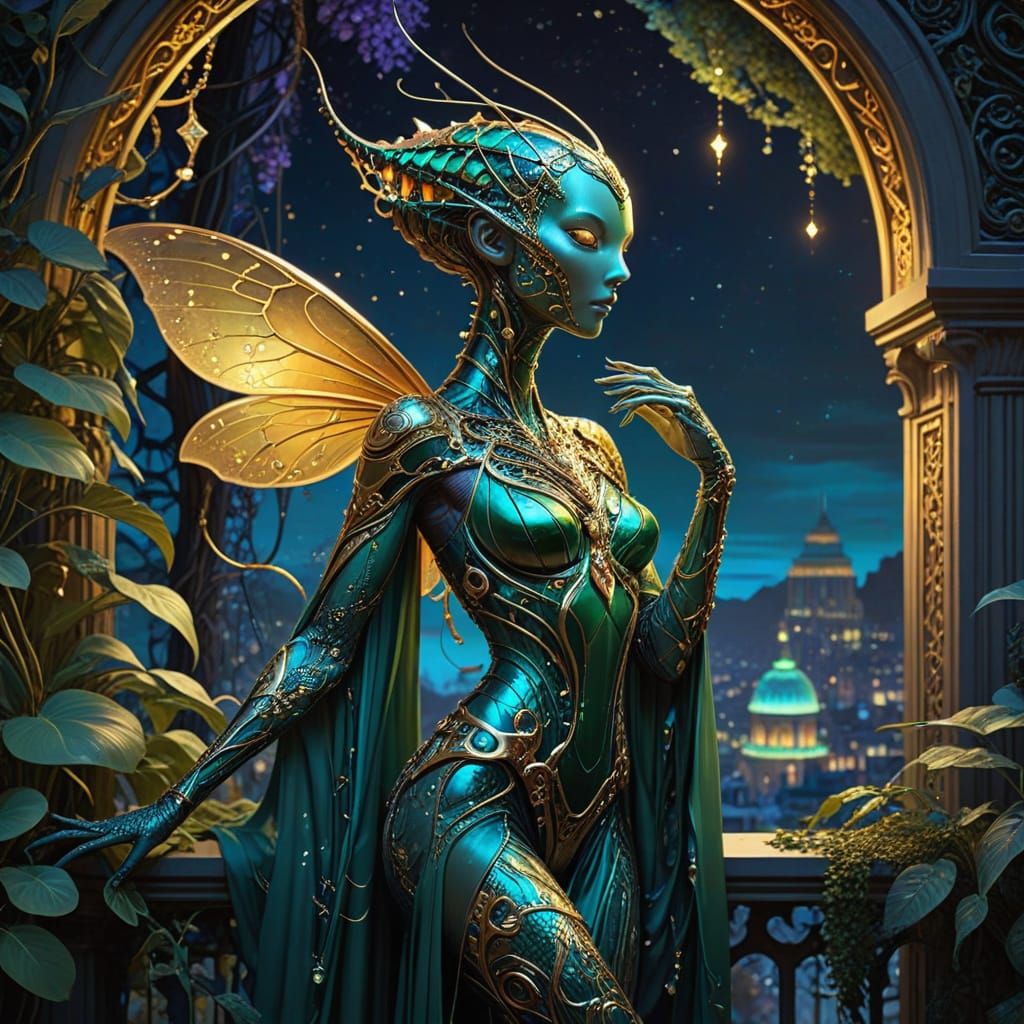 Art Nouveau Mantis Villainess in Bioluminescent Jungle