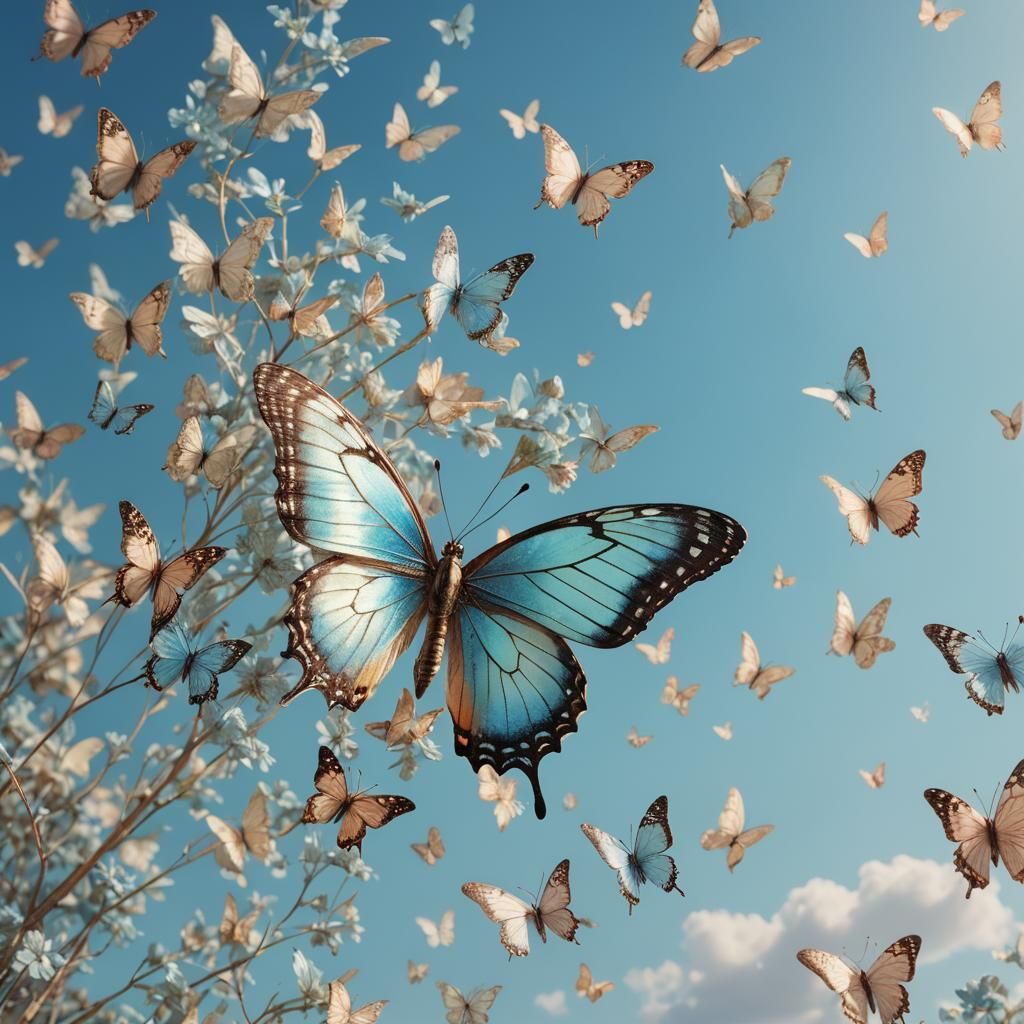 Iridescent Butterfly Soaring in Pastel Blue Sky