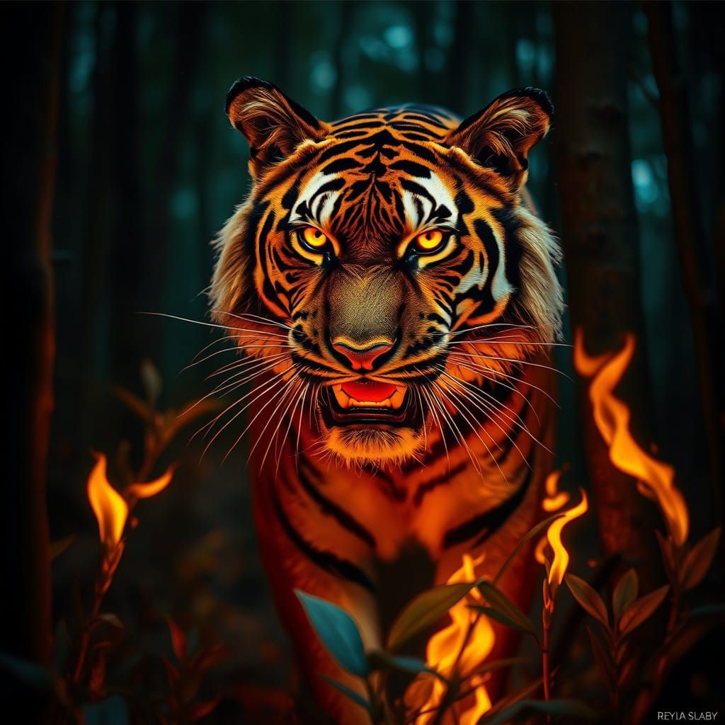 Fiery Tiger Illuminates Dark Forest
