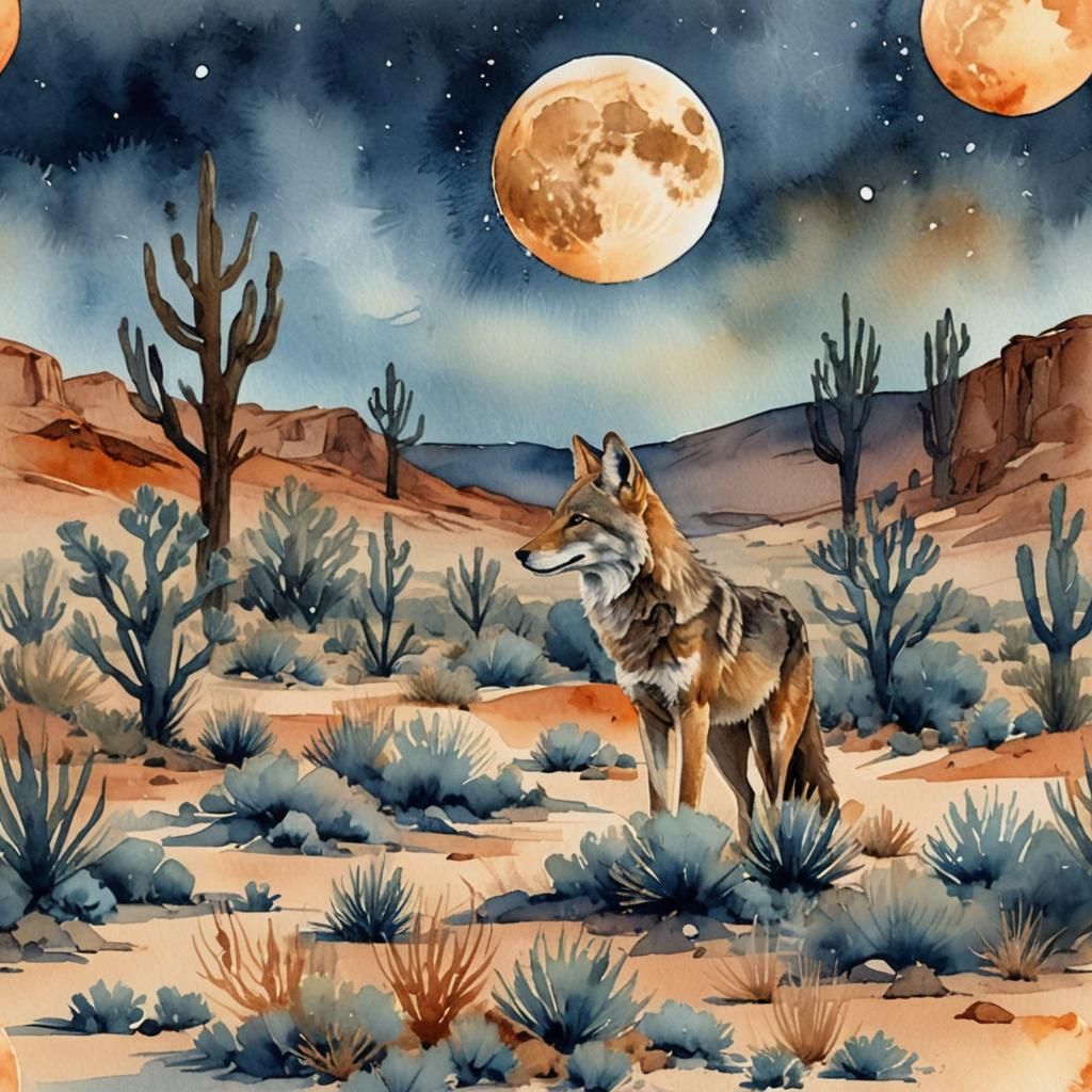 Coyote Howling at Moon in Watercolor Desert Landscape