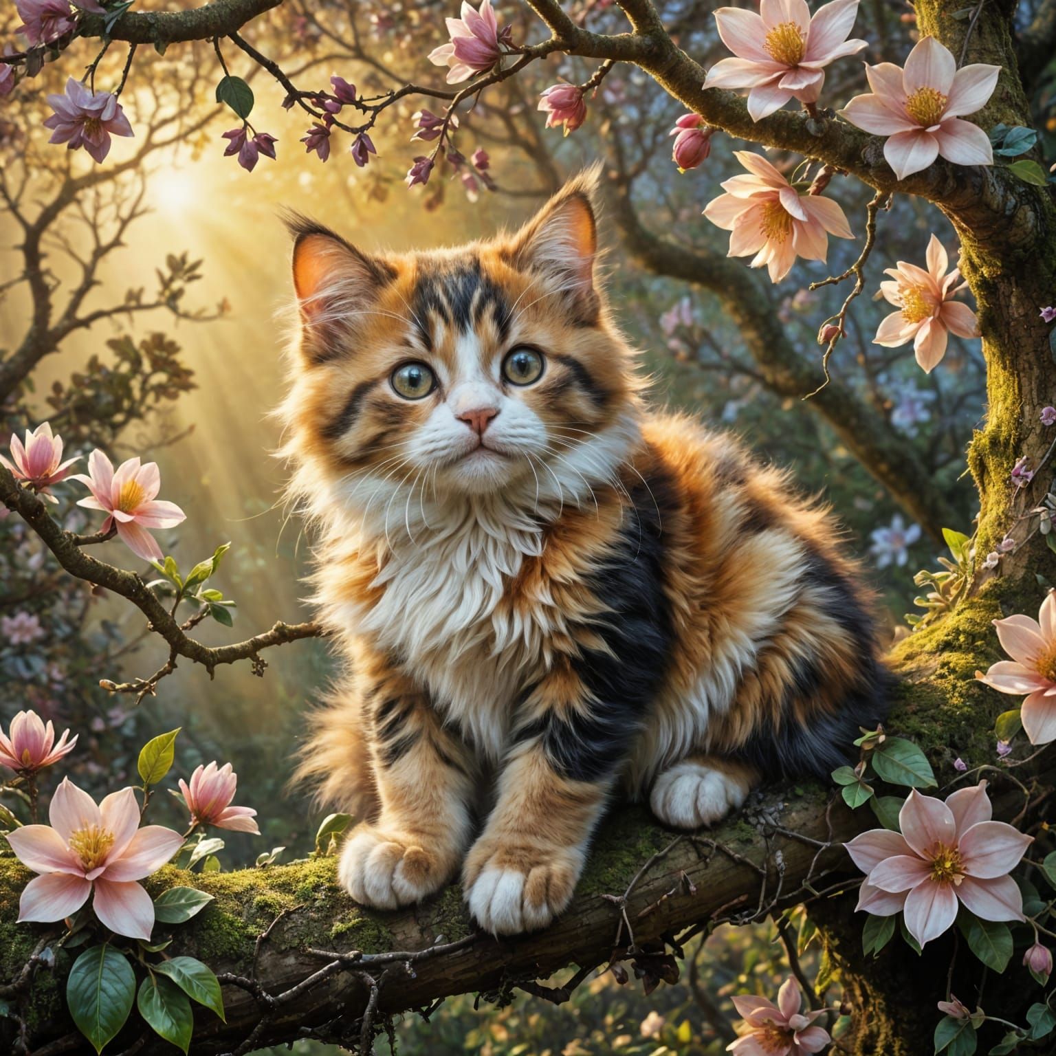 Whimsical Calico Kitten in Sunset Mossy Tree