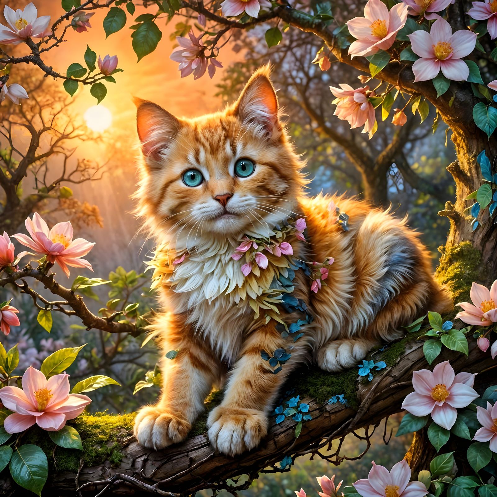 Whimsical Calico Kitten in Sunset Mossy Tree