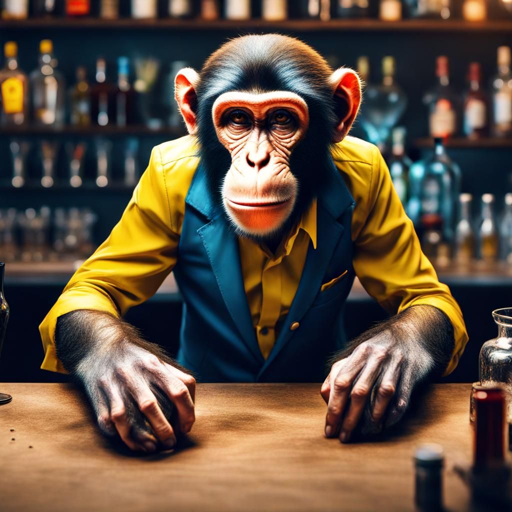 Frustrated Monkey Bartender in Surreal Portrait