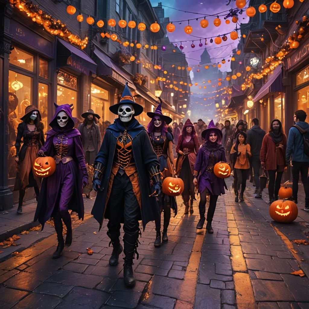 Halloween Cosplay Celebration in a Fantasy Cityscape