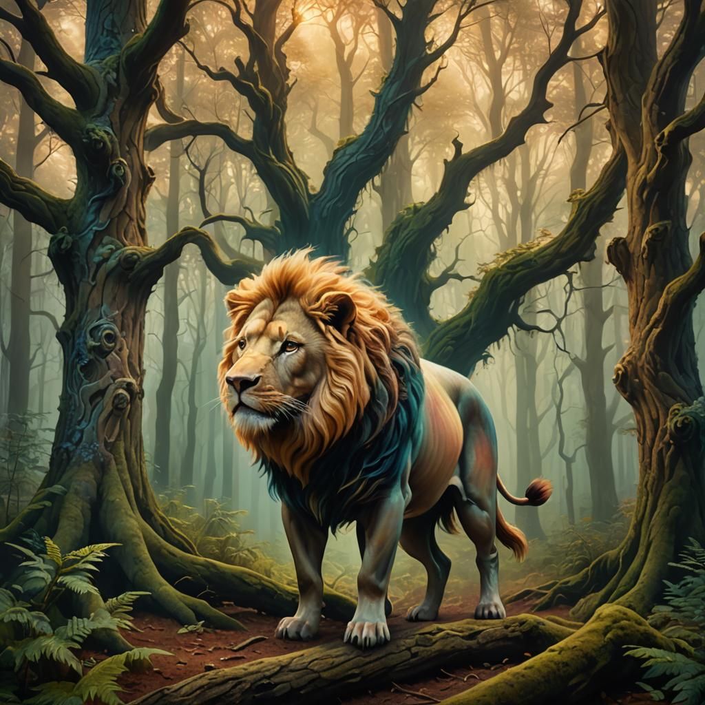 Surreal Pig-Lion Chimera in Dreamlike Forest