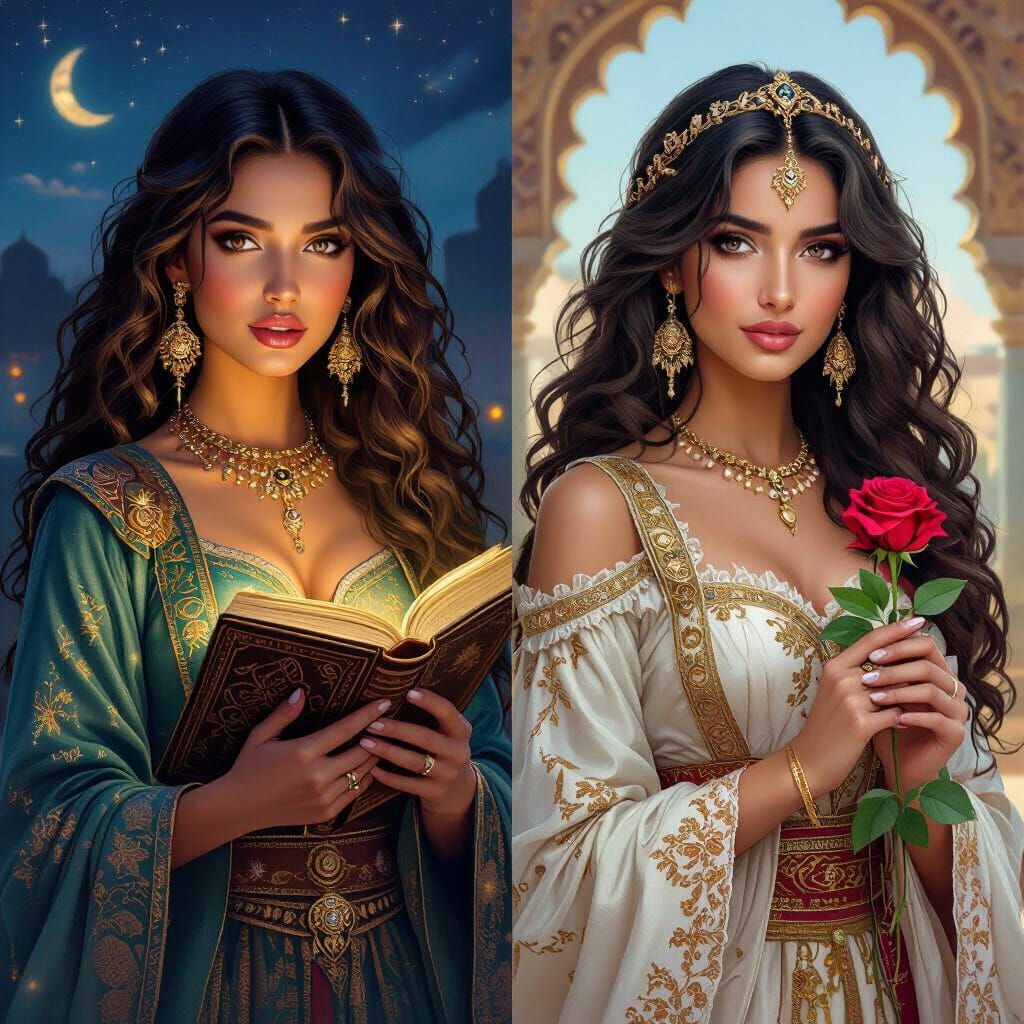 Dual Arabian Beauties: Day vs Night Fantasy Illustration