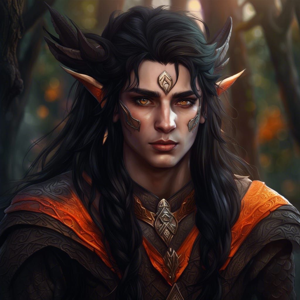 Androgynous Elf Druid with Orange Eyes, Fantasy Art