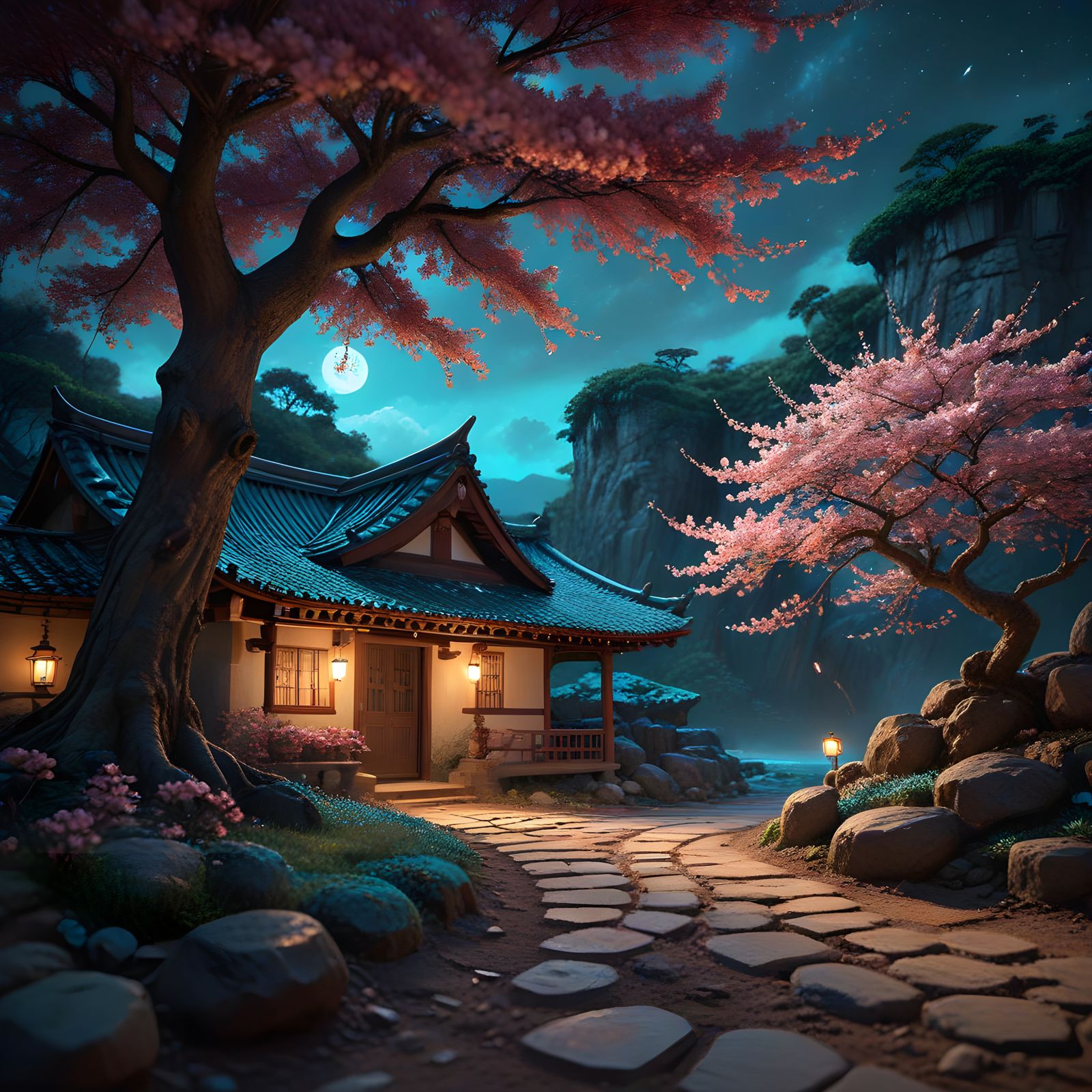 Cherry Blossom Haven in an Earthy Cave