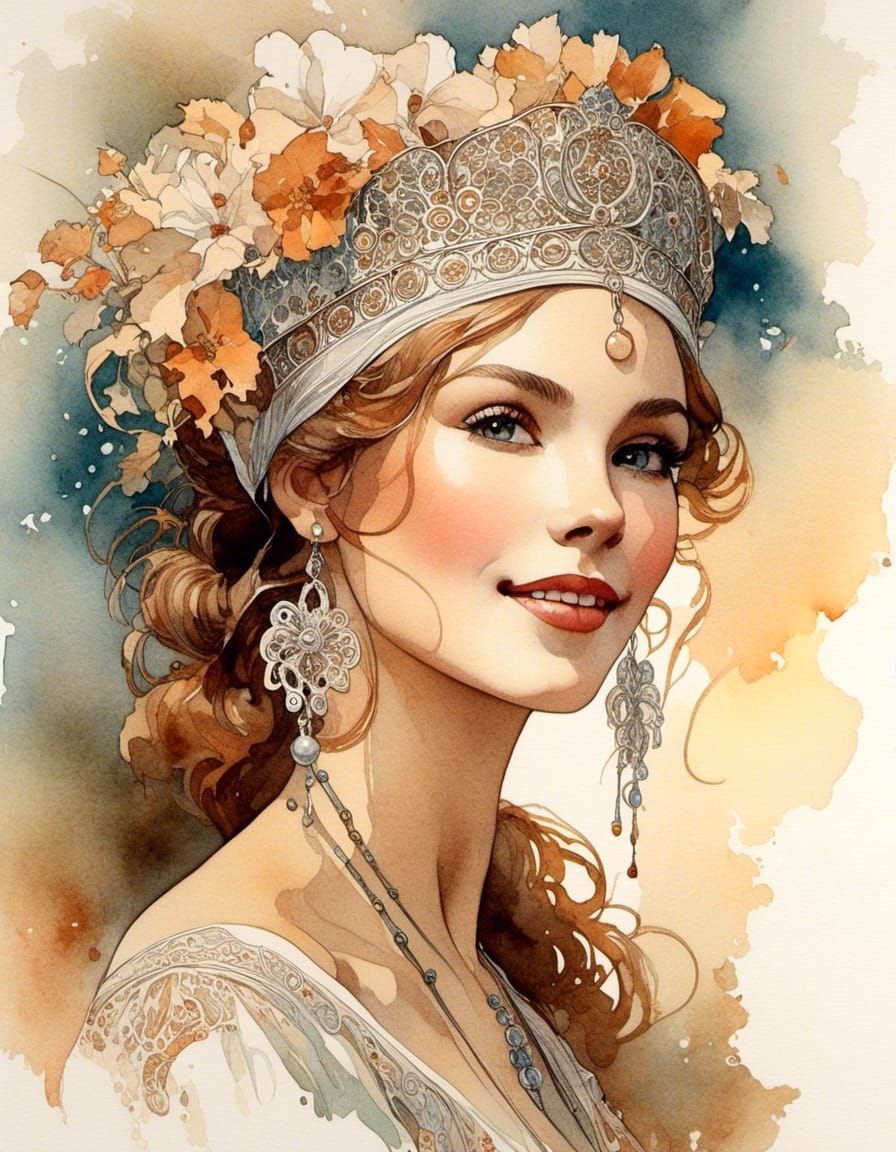 Art Nouveau Watercolor Portrait of Breton Woman