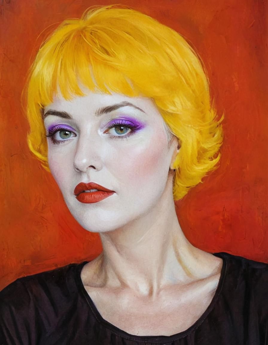 Charming Lady Portrait with Expressive Eyes as Impasto Paint...