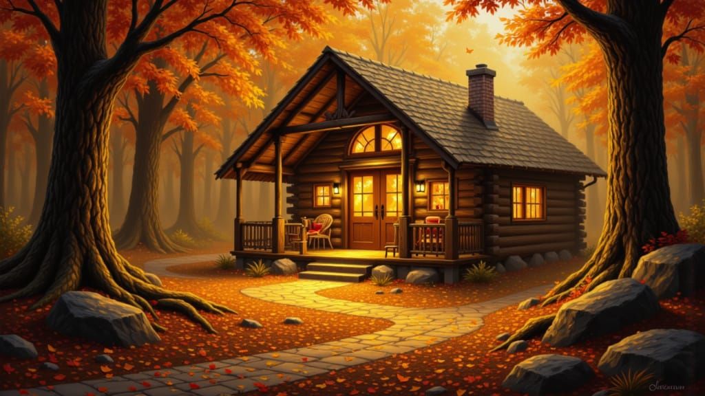 Cozy Cabin in Magical Autumn Forest as Oil Painting
