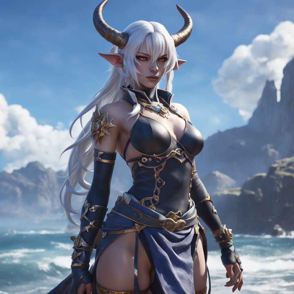 Elegant Tiefling Woman in Hyperrealistic 3D Anime Style