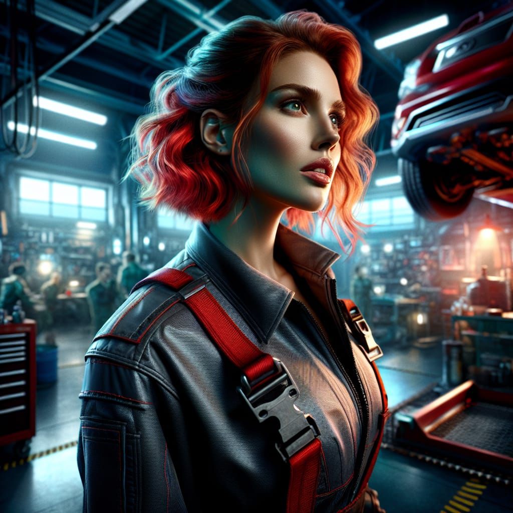 Strong Woman in Futuristic Garage: Hyperrealistic Concept Ar...