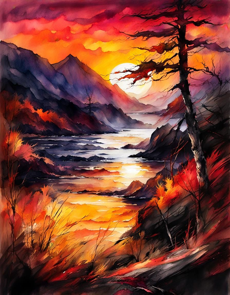Seasonal Sunset Landscape in Watercolor Style