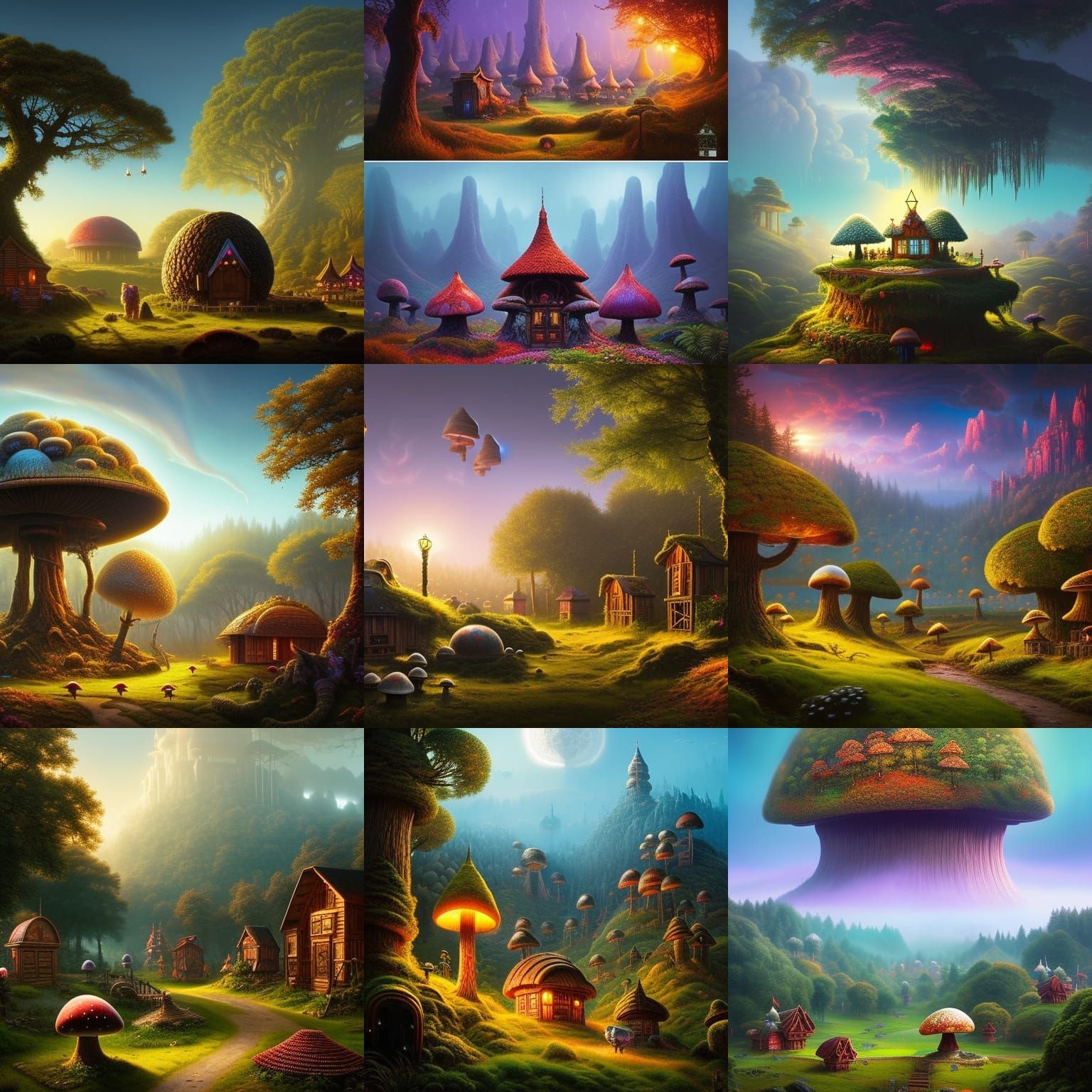 Bioluminescent Mushroom Houses in Rococo Fantasy Landscape