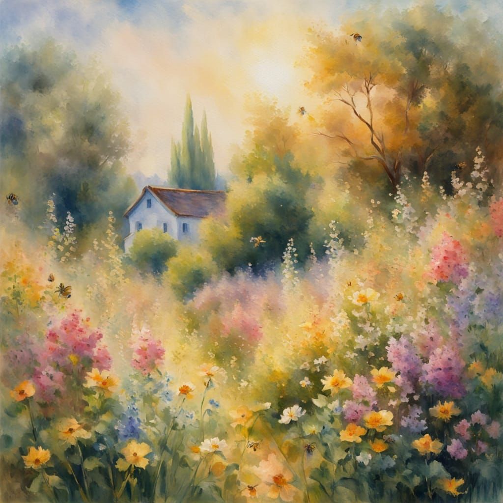 Impressionist Bees Amidst Vibrant Blooms in Soft Focus