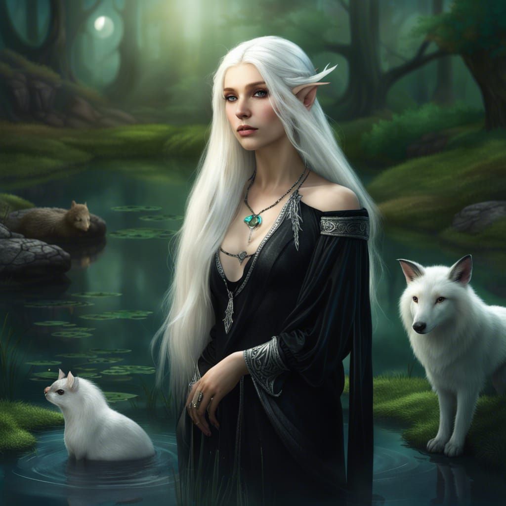 Woodland Elf Portrait in Pond, Hyperdetailed Art
