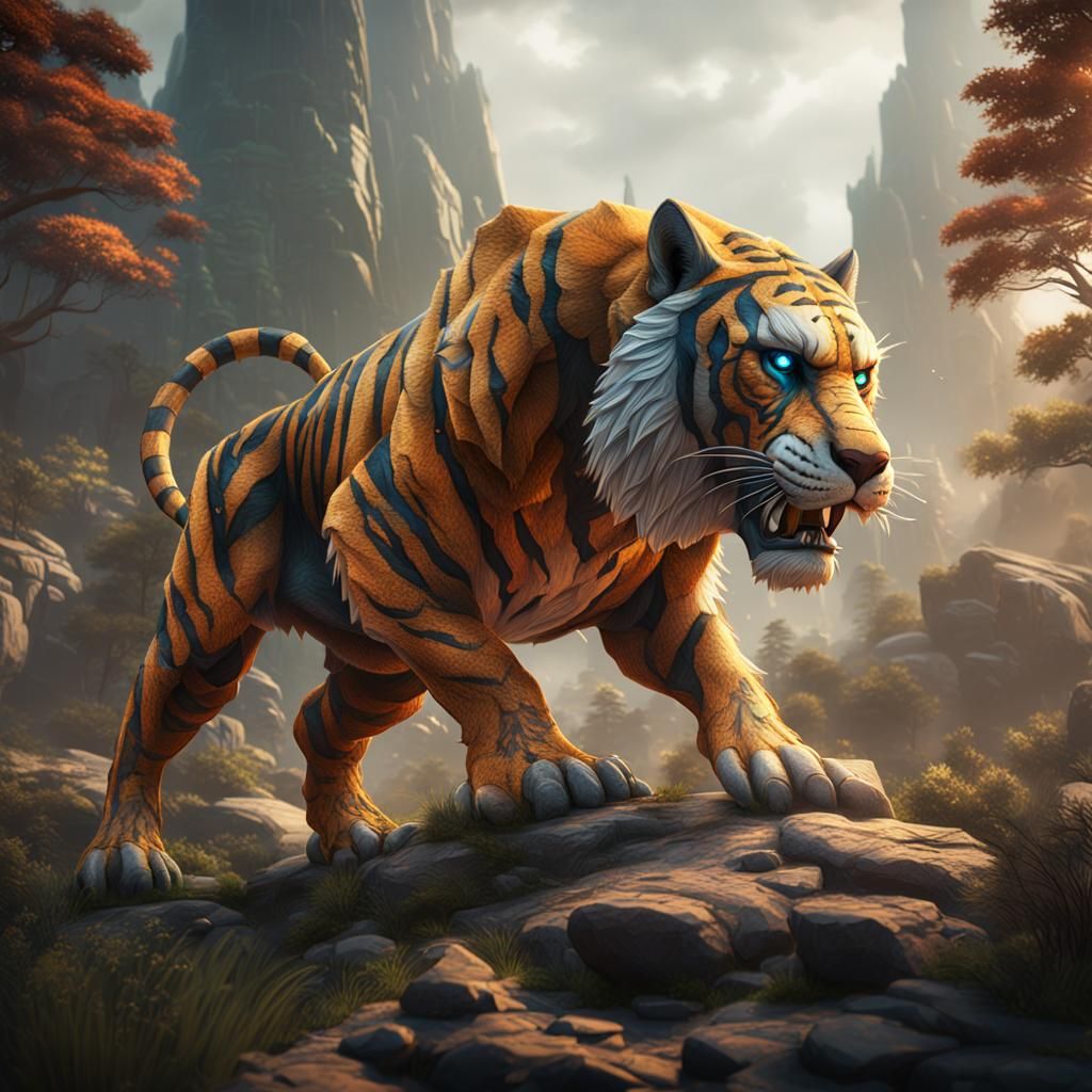 Origami Saber-Tooth Tiger in Detailed Matte Painting