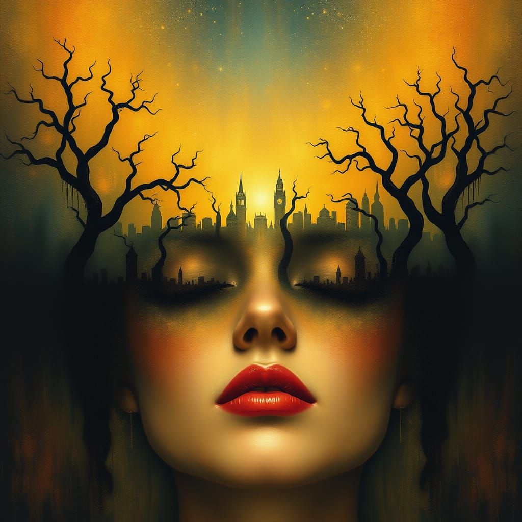Surreal Cityscape Portrait with Golden Accents and Twisted T...