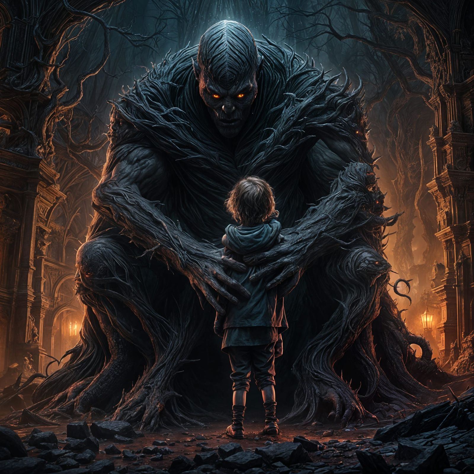 Child Embracing Darkness in Detailed Matte Painting