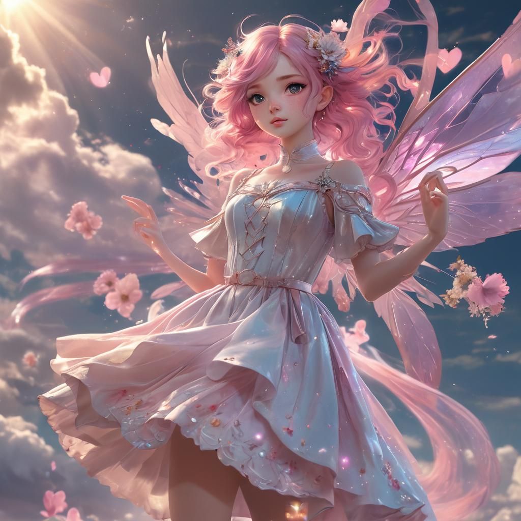 Anime Fairy Flying in Cloudy Sky with Holographic Wings