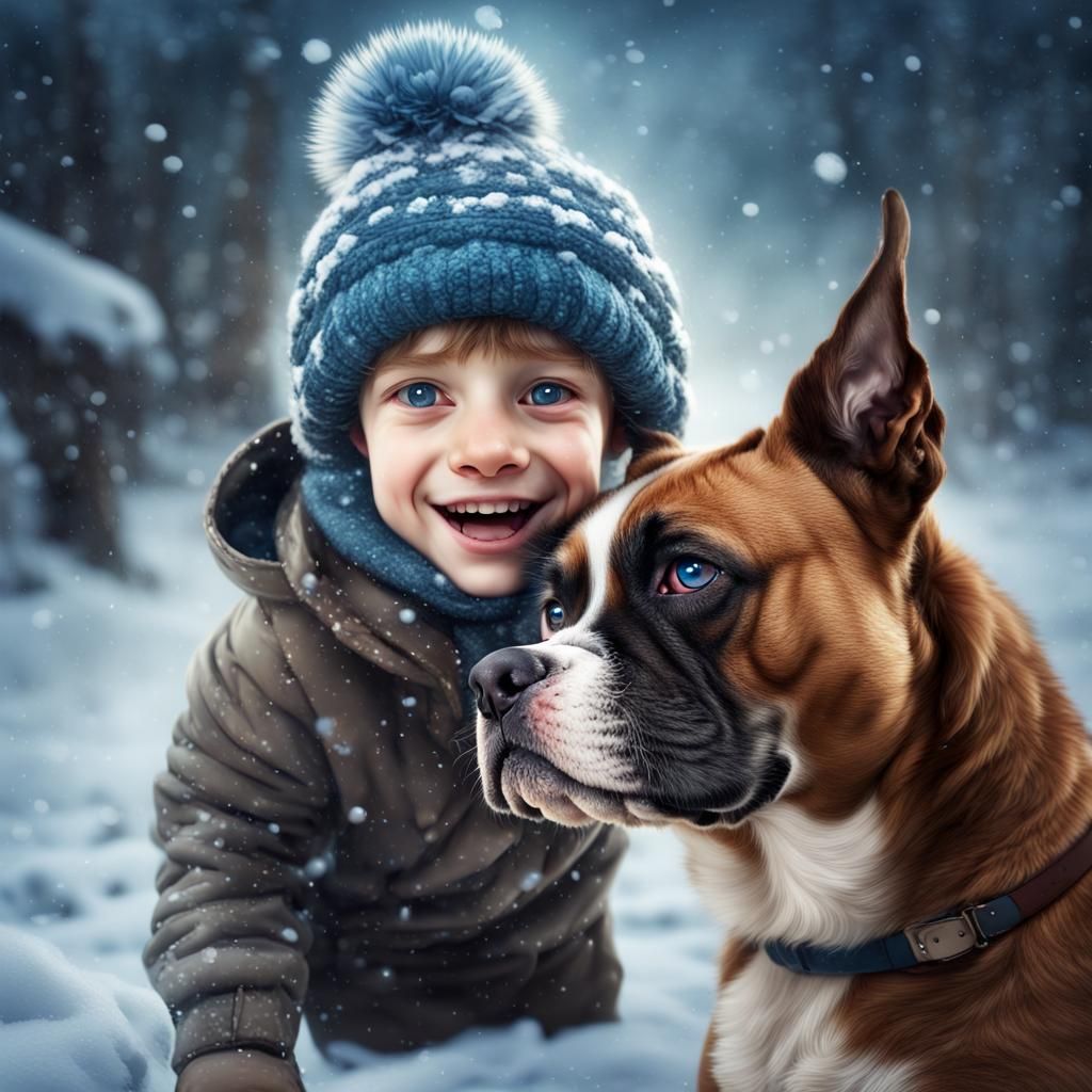 Boy and Dog Play in Winter Fantasy Land